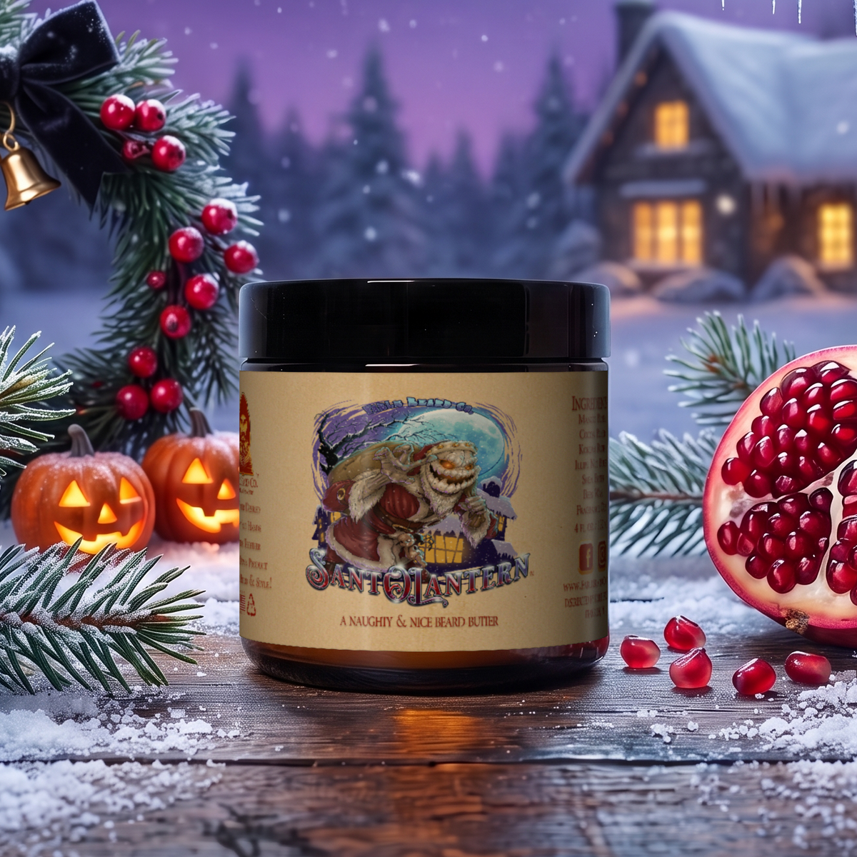 Sant-O-Lantern Beard Butter jar in Christmas Pine, Cold Winter Night, Sneaky Pomegranate and Spooky Holiday Wreath scent with a holly wreath, jack-o'-lanterns, pomegranates and a full moon over a snowy cabin, Fable Beard Co.
