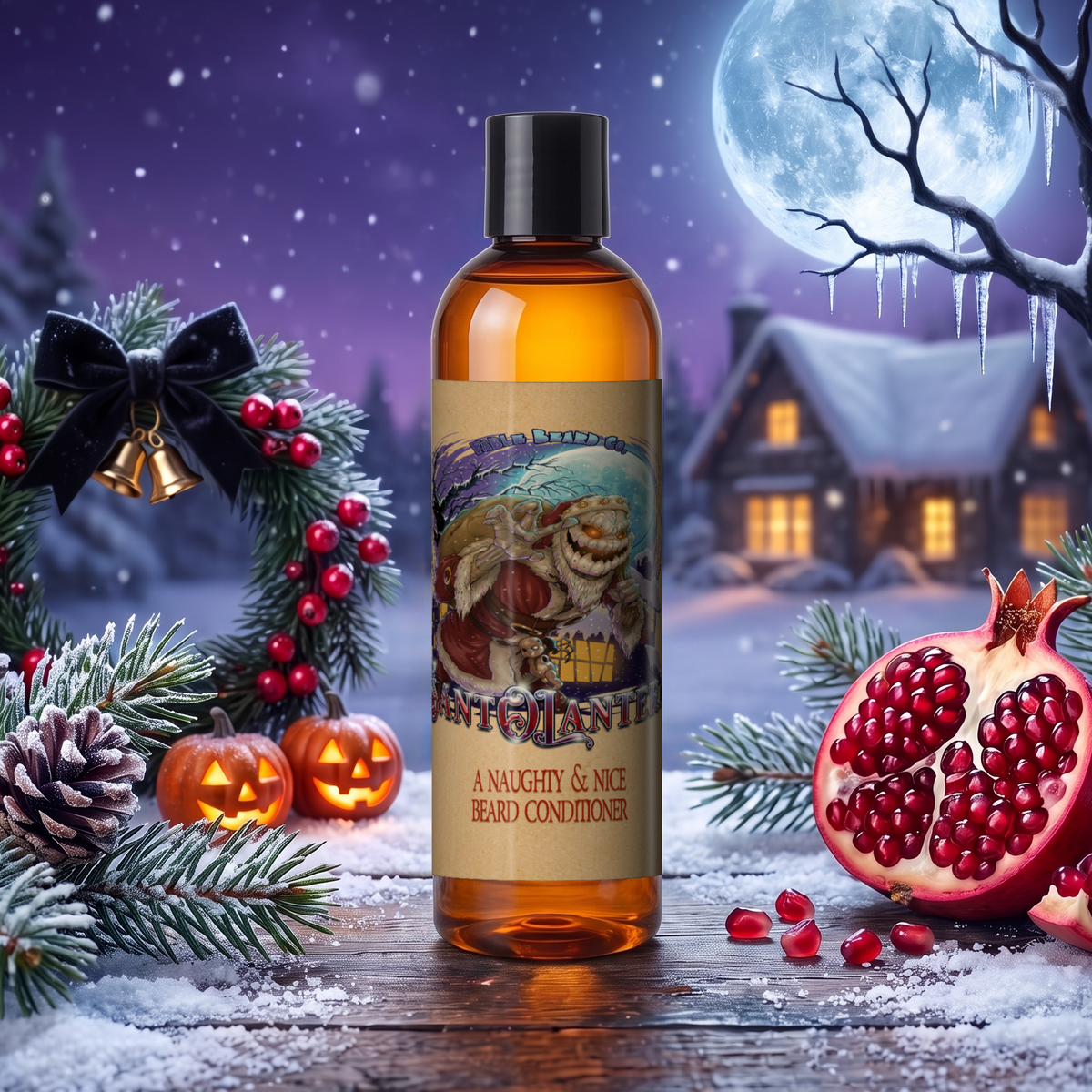 Sant-O-Lantern Beard Conditioner bottle in Christmas Pine, Cold Winter Night, Sneaky Pomegranate and Spooky Holiday Wreath scent with a holly wreath, jack-o'-lanterns, pomegranates and a full moon over a snowy cabin, Fable Beard Co.