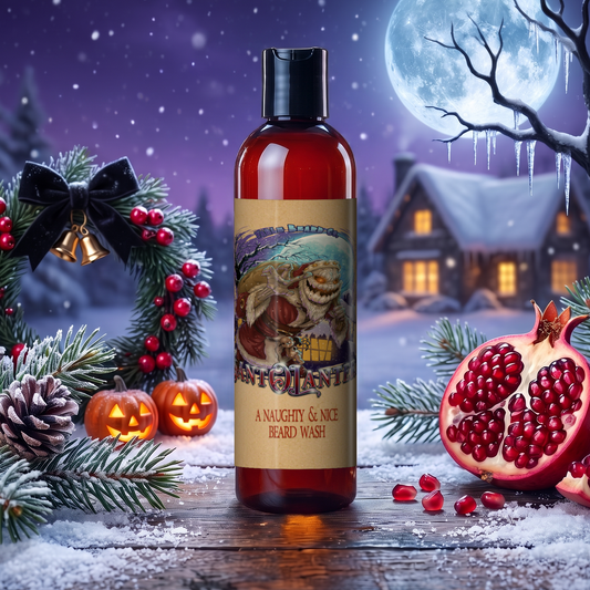 Sant-O-Lantern Beard Wash bottle in Christmas Pine, Cold Winter Night, Sneaky Pomegranate and Spooky Holiday Wreath scent with a holly wreath, jack-o'-lanterns, pomegranates and a full moon over a snowy cabin, Fable Beard Co.