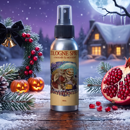 Sant-O-Lantern Cologne spray bottle in Christmas Pine, Cold Winter Night, Sneaky Pomegranate and Spooky Holiday Wreath scent with a holly wreath, jack-o'-lanterns, pomegranates and a full moon over a snowy cabin, Fable Beard Co.