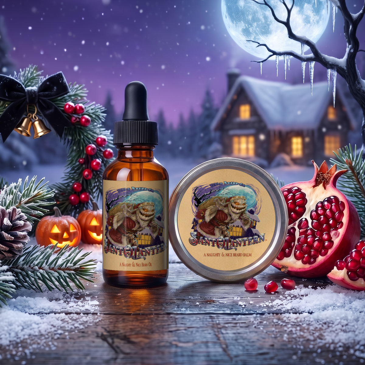 Sant-O-Lantern Beard Oil & Balm Kit with 1 oz oil and 2 oz balm in Christmas Pine, Cold Winter Night, Sneaky Pomegranate and Spooky Holiday Wreath scent with a holly wreath, jack-o'-lanterns, pomegranates and a full moon over a snowy cabin, Fable Beard Co.