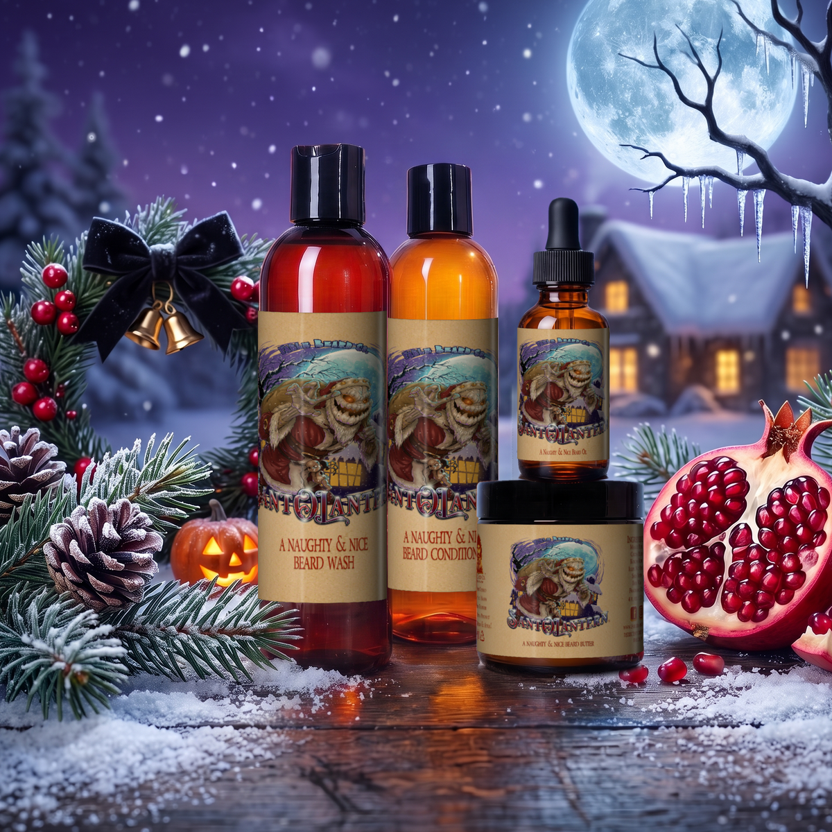 Sant-O-Lantern Complete Butter Kit with beard oil, butter, wash and conditioner in Christmas Pine, Cold Winter Night, Sneaky Pomegranate and Spooky Holiday Wreath scent with a holly wreath, jack-o'-lanterns, pomegranates and a full moon over a snowy cabin, Fable Beard Co.