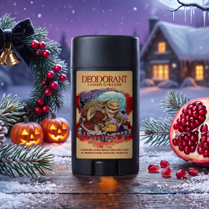 Sant-O-Lantern natural Deodorant stick in Christmas Pine, Cold Winter Night, Sneaky Pomegranate and Spooky Holiday Wreath scent with a holly wreath, jack-o'-lanterns, pomegranates and a full moon over a snowy cabin, Fable Beard Co.