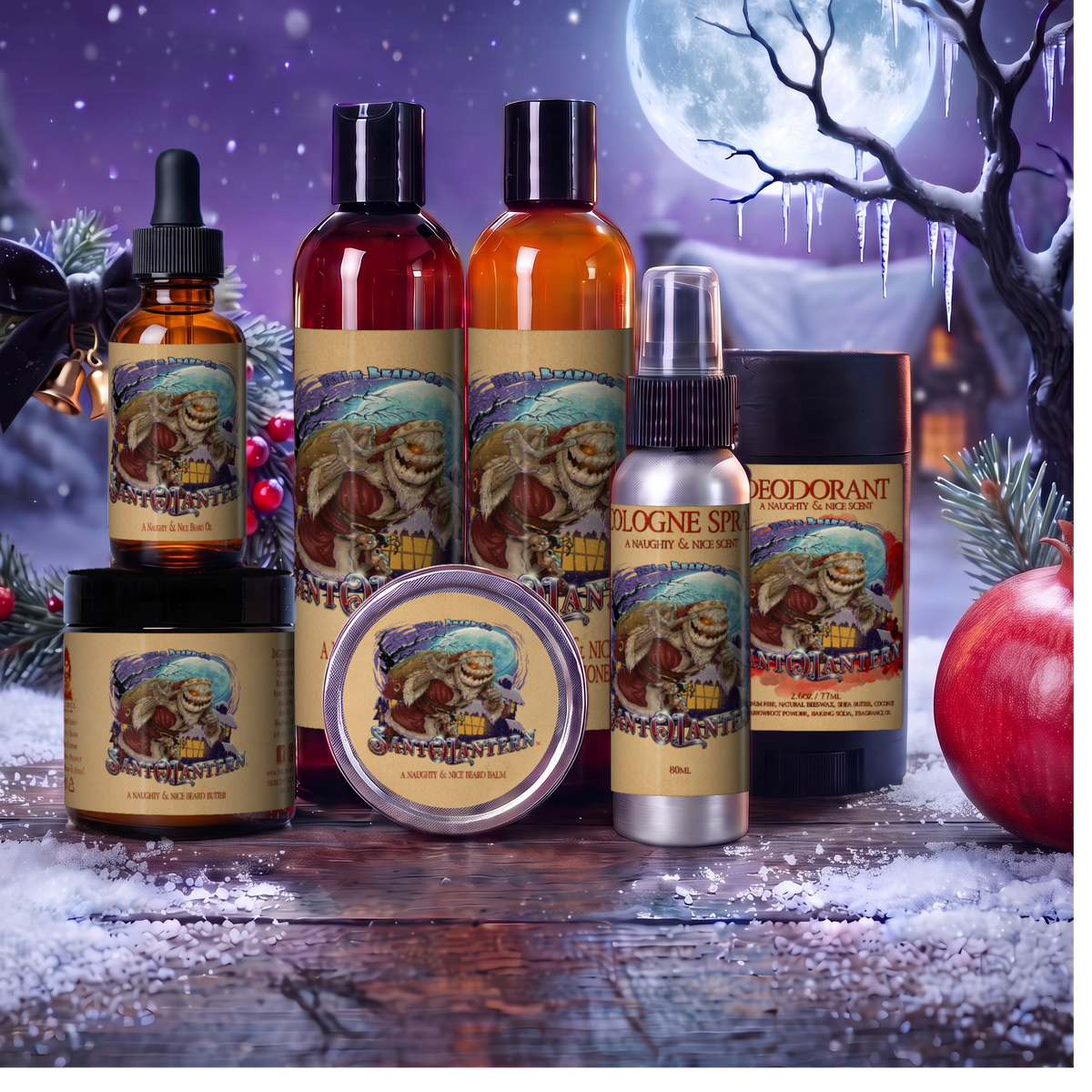 Sant-O-Lantern Ultimate Bundle with beard oil, balm, butter, wash, conditioner, deodorant and cologne in Christmas Pine, Cold Winter Night, Sneaky Pomegranate and Spooky Holiday Wreath scent with a holly wreath, jack-o'-lanterns, pomegranates and a full moon over a snowy cabin, Fable Beard Co.