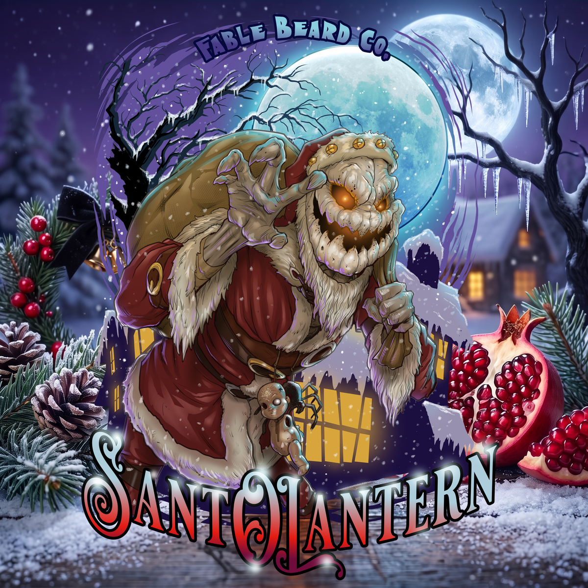 Sant-O-Lantern character art – a grinning jack-o'-lantern-faced Santa carrying a sack of toys under a full moon over a snowy village, Fable Beard Co.