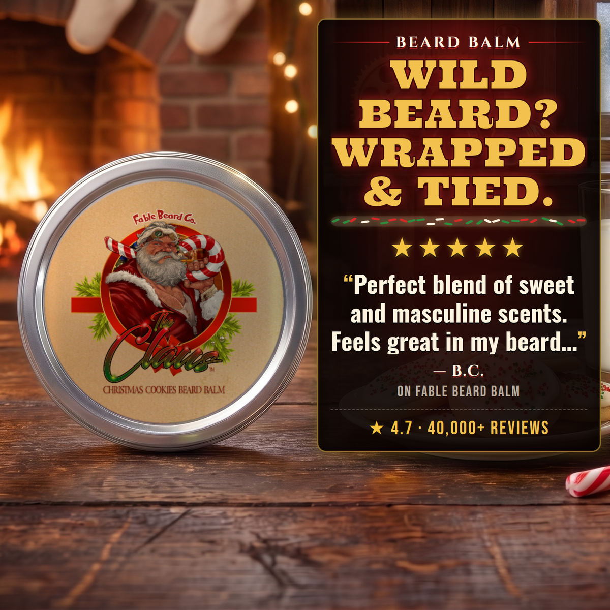 The Claus Beard Balm 5-star customer review card, Fable Beard Co.