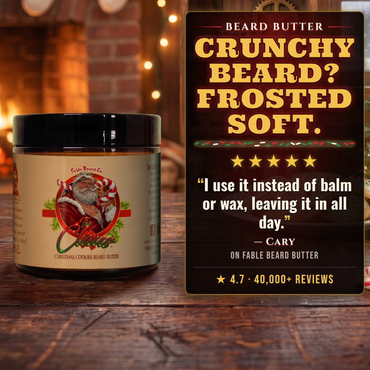 The Claus Beard Butter 5-star customer review card, Fable Beard Co.