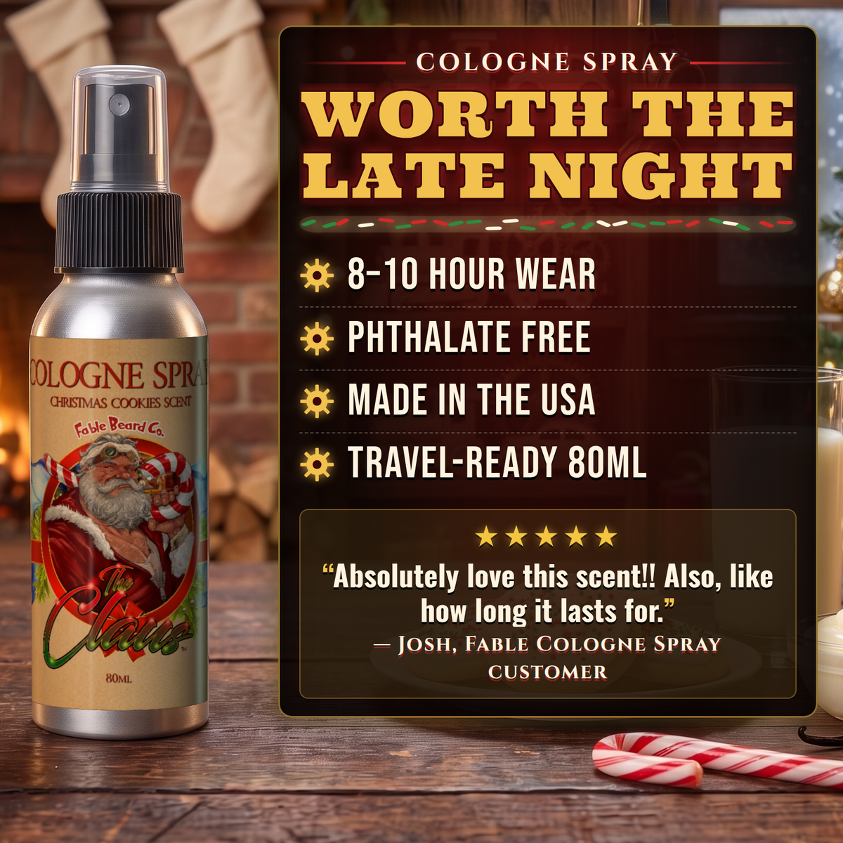 The Claus Cologne benefits infographic, Fable Beard Co.