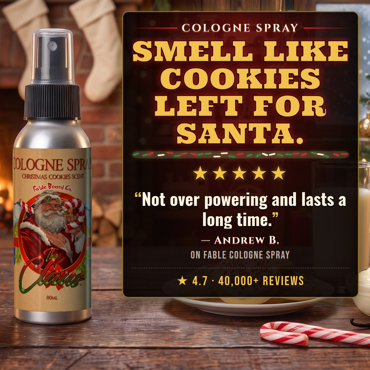 The Claus Cologne 5-star customer review card, Fable Beard Co.