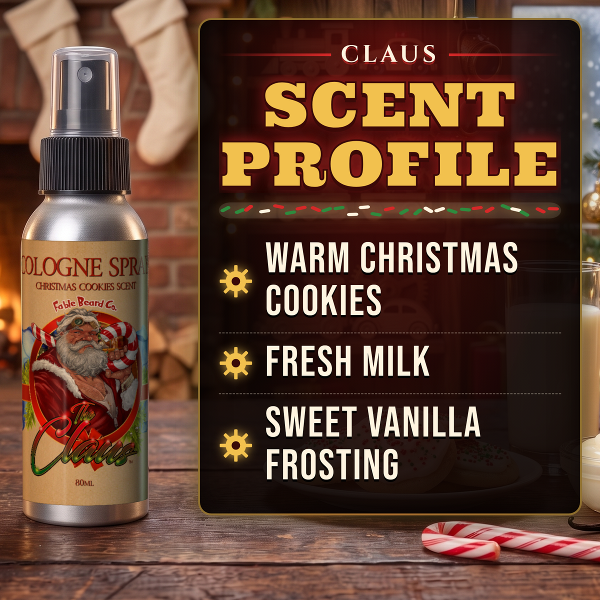 The Claus Cologne scent profile card: Warm Christmas Cookies, Fresh Milk and Sweet Vanilla Frosting notes, Fable Beard Co.