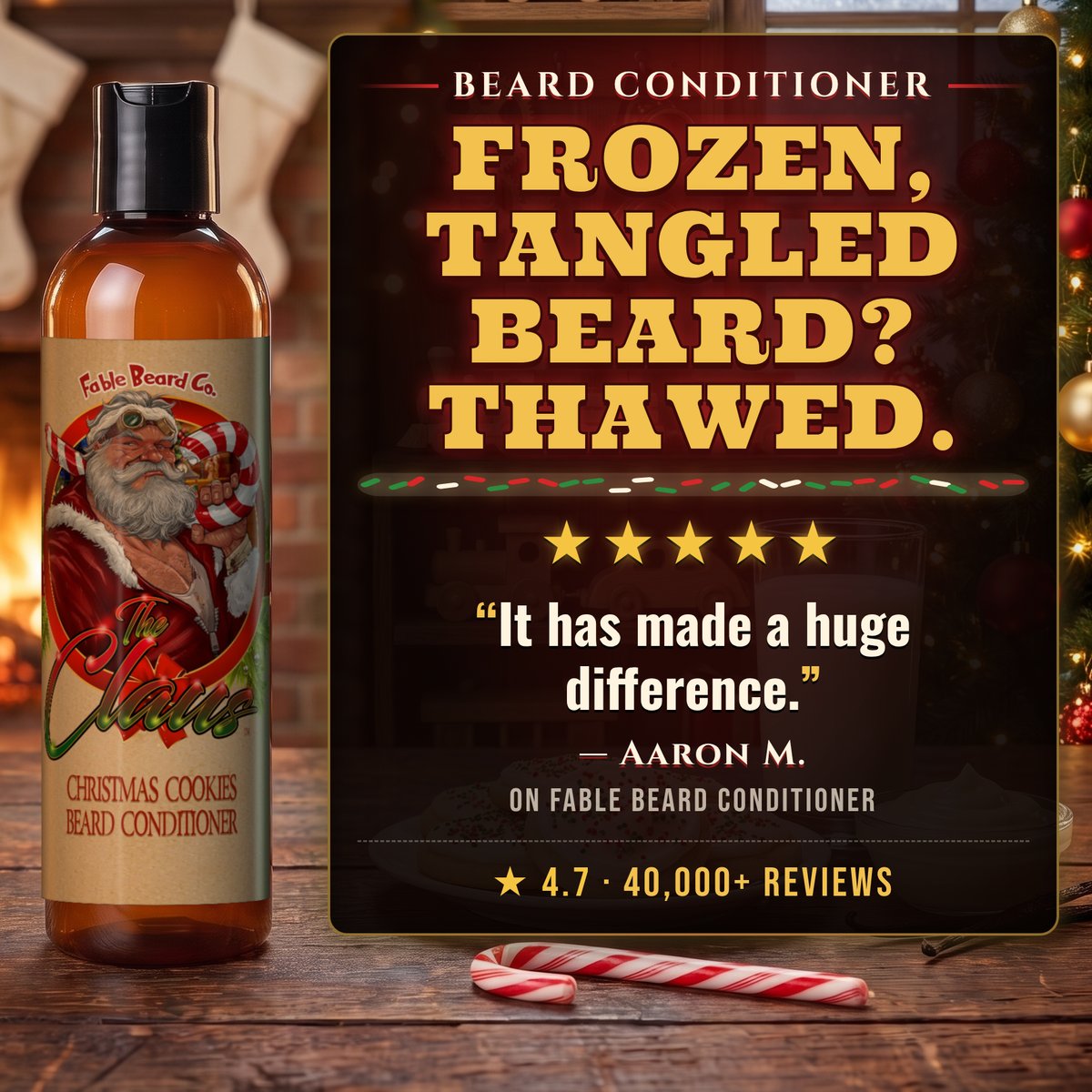 The Claus Beard Conditioner 5-star customer review card, Fable Beard Co.