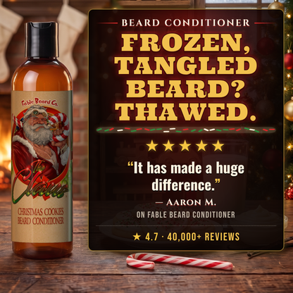 The Claus Beard Conditioner 5-star customer review card, Fable Beard Co.