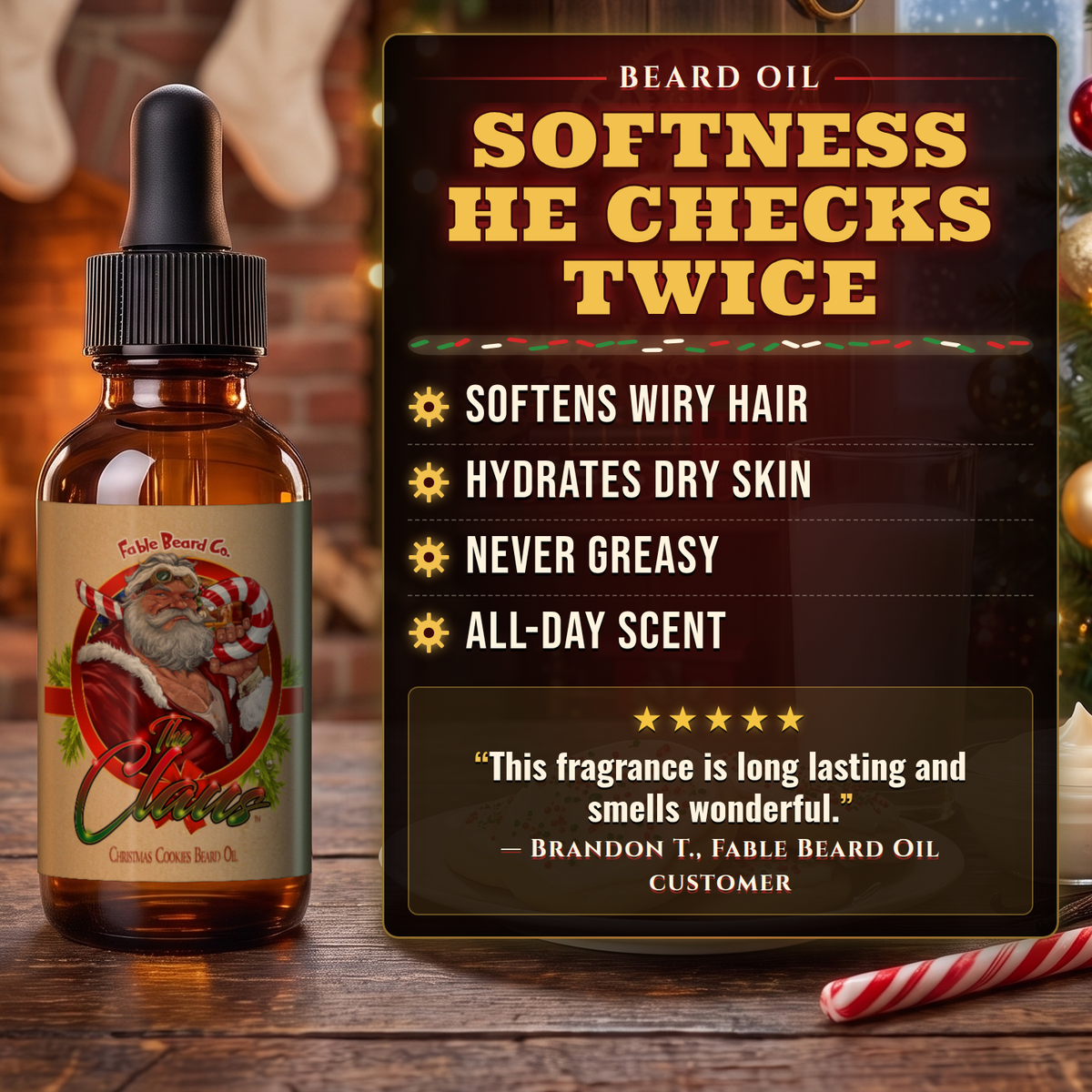 The Claus Beard Oil benefits infographic, Fable Beard Co.