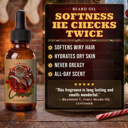 The Claus Beard Oil benefits infographic, Fable Beard Co.