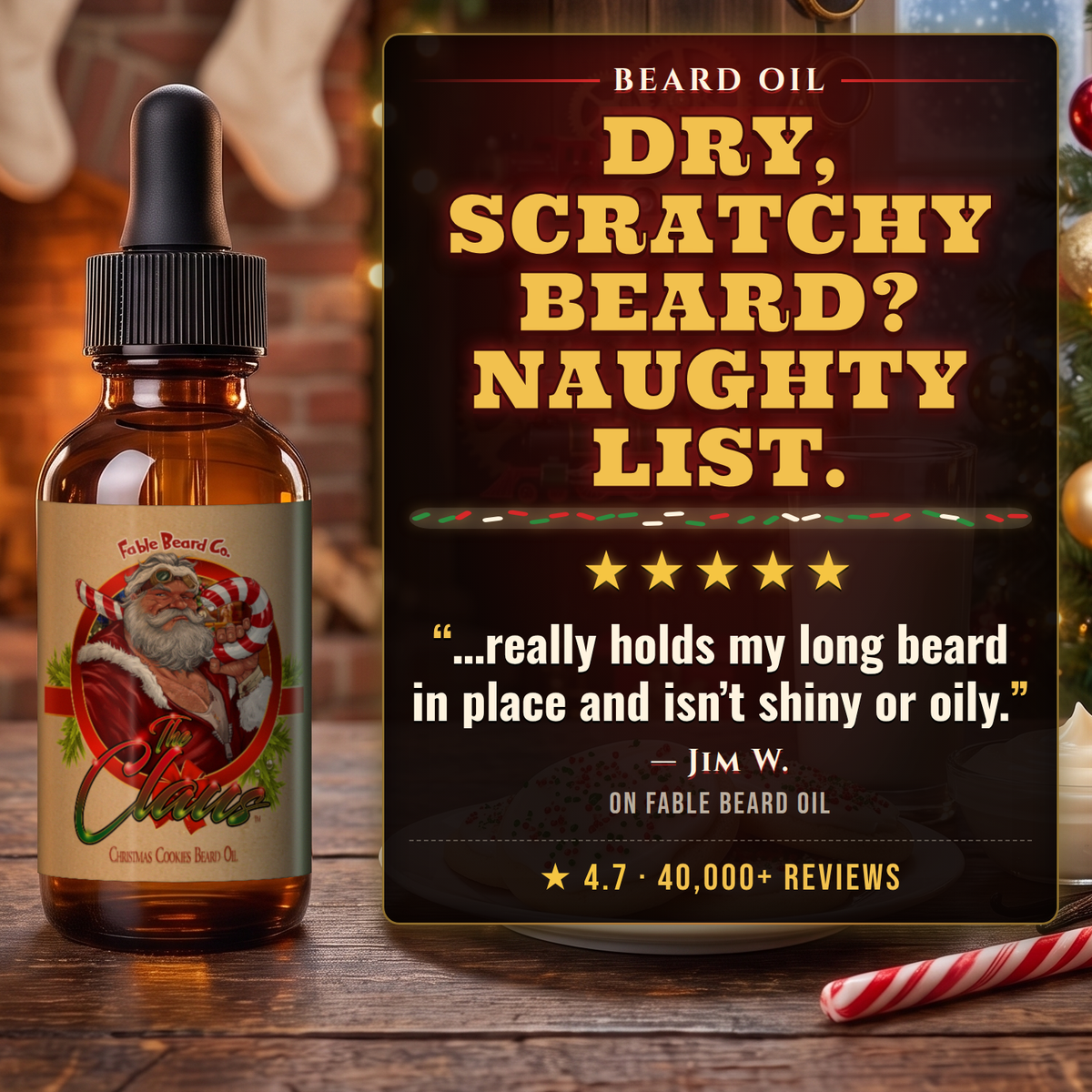 The Claus Beard Oil 5-star customer review card, Fable Beard Co.