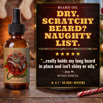 The Claus Beard Oil 5-star customer review card, Fable Beard Co.