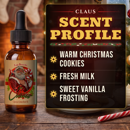 The Claus Beard Oil scent profile card: Warm Christmas Cookies, Fresh Milk and Sweet Vanilla Frosting notes, Fable Beard Co.