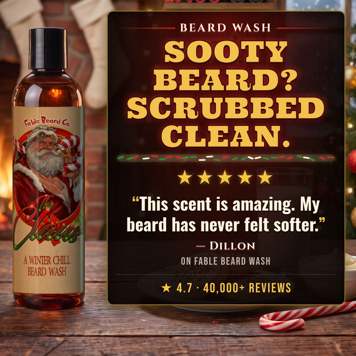 The Claus Beard Wash 5-star customer review card, Fable Beard Co.