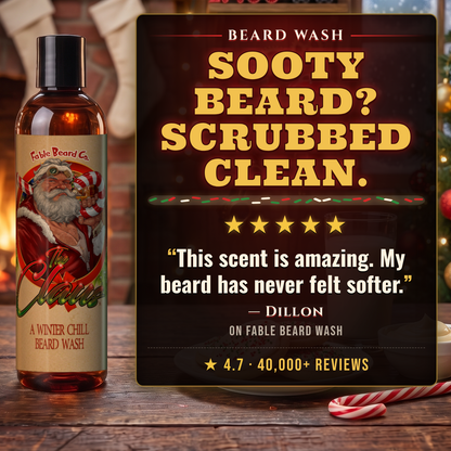 The Claus Beard Wash 5-star customer review card, Fable Beard Co.