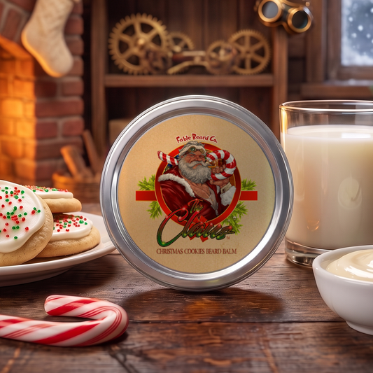 The Claus Beard Balm 2 oz tin in Warm Christmas Cookies, Fresh Milk and Sweet Vanilla Frosting scent in a cozy toy workshop with frosted sugar cookies, a glass of milk, vanilla frosting, candy canes, stockings and a crackling fireplace, Fable Beard Co.