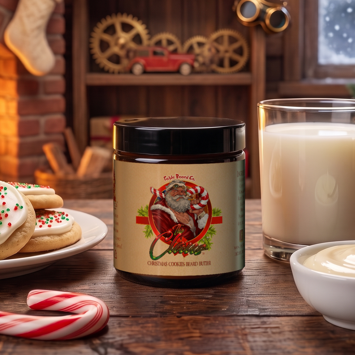 The Claus Beard Butter jar in Warm Christmas Cookies, Fresh Milk and Sweet Vanilla Frosting scent in a cozy toy workshop with frosted sugar cookies, a glass of milk, vanilla frosting, candy canes, stockings and a crackling fireplace, Fable Beard Co.