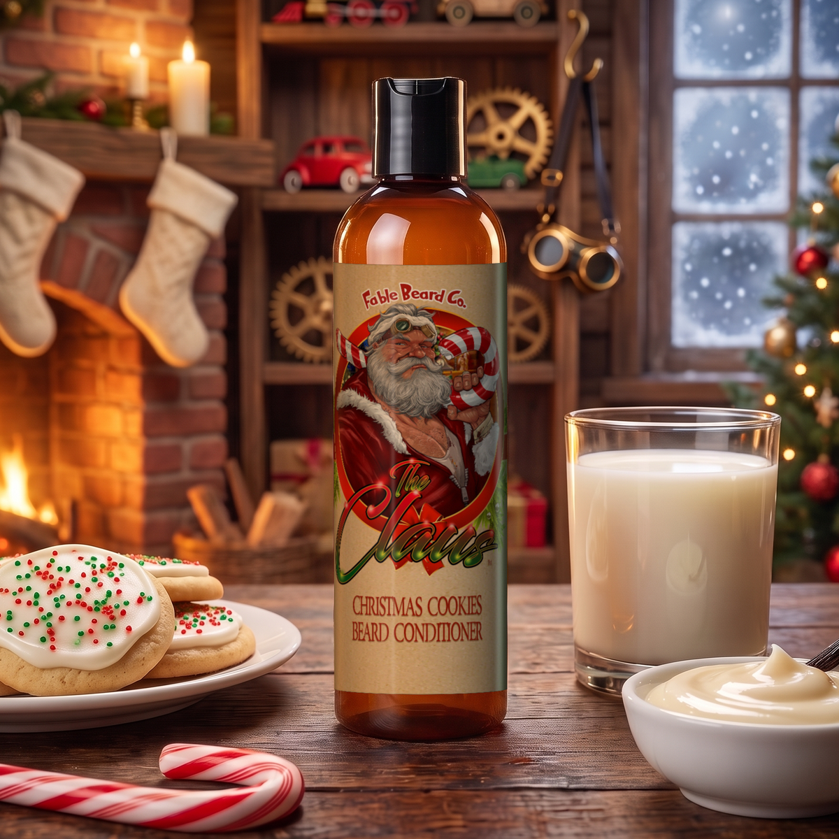 The Claus Beard Conditioner bottle in Warm Christmas Cookies, Fresh Milk and Sweet Vanilla Frosting scent in a cozy toy workshop with frosted sugar cookies, a glass of milk, vanilla frosting, candy canes, stockings and a crackling fireplace, Fable Beard Co.