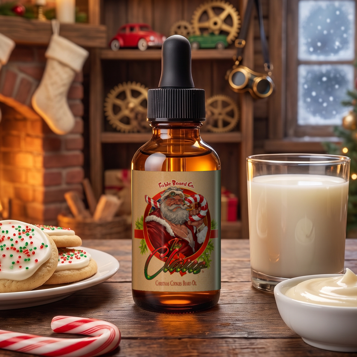 The Claus Beard Oil 1 oz amber dropper bottle in Warm Christmas Cookies, Fresh Milk and Sweet Vanilla Frosting scent in a cozy toy workshop with frosted sugar cookies, a glass of milk, vanilla frosting, candy canes, stockings and a crackling fireplace, Fable Beard Co.