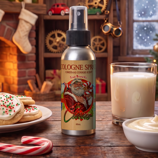 The Claus Cologne spray bottle in Warm Christmas Cookies, Fresh Milk and Sweet Vanilla Frosting scent in a cozy toy workshop with frosted sugar cookies, a glass of milk, vanilla frosting, candy canes, stockings and a crackling fireplace, Fable Beard Co.
