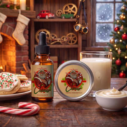The Claus Beard Oil & Balm Kit with 1 oz oil and 2 oz balm in Warm Christmas Cookies, Fresh Milk and Sweet Vanilla Frosting scent in a cozy toy workshop with frosted sugar cookies, a glass of milk, vanilla frosting, candy canes, stockings and a crackling fireplace, Fable Beard Co.