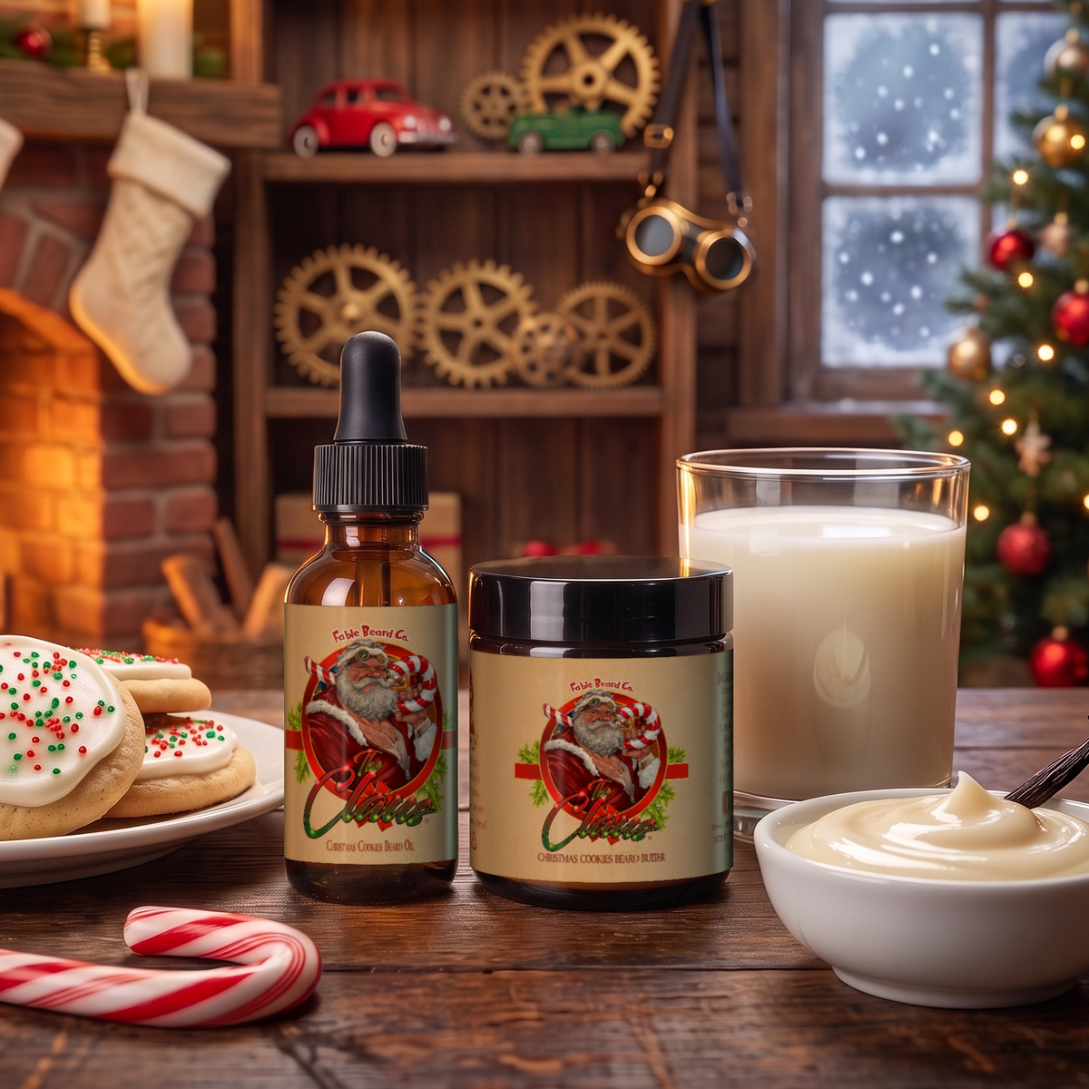 The Claus Beard Oil & Butter Kit with beard oil and beard butter in Warm Christmas Cookies, Fresh Milk and Sweet Vanilla Frosting scent in a cozy toy workshop with frosted sugar cookies, a glass of milk, vanilla frosting, candy canes, stockings and a crackling fireplace, Fable Beard Co.
