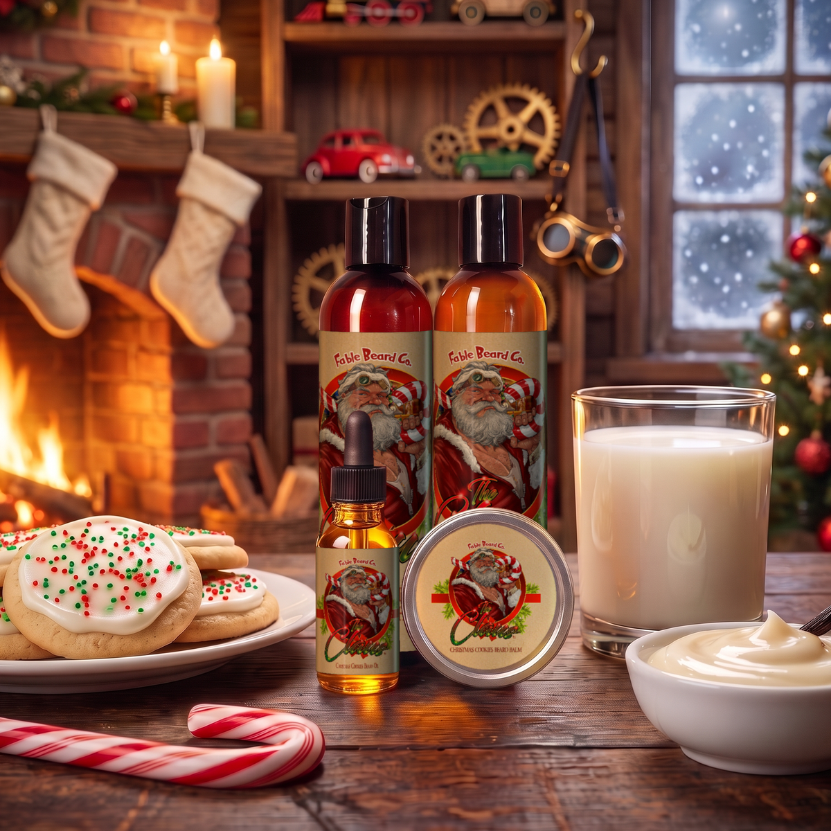 The Claus Complete Balm Kit with beard oil, balm, wash and conditioner in Warm Christmas Cookies, Fresh Milk and Sweet Vanilla Frosting scent in a cozy toy workshop with frosted sugar cookies, a glass of milk, vanilla frosting, candy canes, stockings and a crackling fireplace, Fable Beard Co.