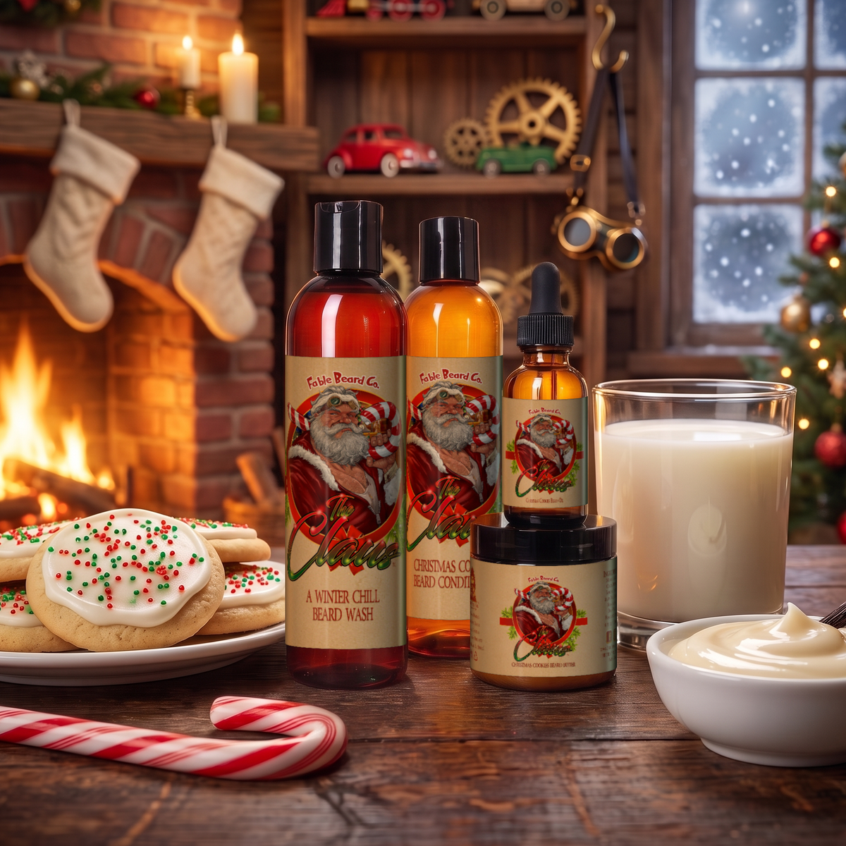 The Claus Complete Butter Kit with beard oil, butter, wash and conditioner in Warm Christmas Cookies, Fresh Milk and Sweet Vanilla Frosting scent in a cozy toy workshop with frosted sugar cookies, a glass of milk, vanilla frosting, candy canes, stockings and a crackling fireplace, Fable Beard Co.