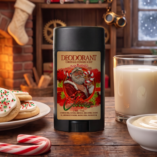 The Claus natural Deodorant stick in Warm Christmas Cookies, Fresh Milk and Sweet Vanilla Frosting scent in a cozy toy workshop with frosted sugar cookies, a glass of milk, vanilla frosting, candy canes, stockings and a crackling fireplace, Fable Beard Co.