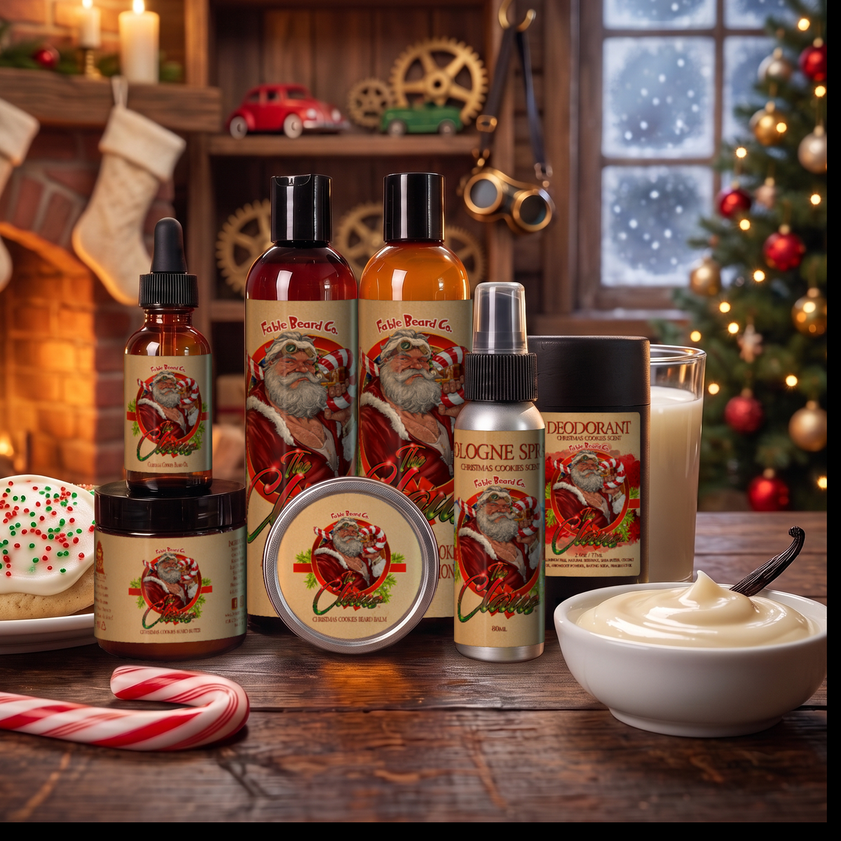 The Claus Ultimate Bundle with beard oil, balm, butter, wash, conditioner, deodorant and cologne in Warm Christmas Cookies, Fresh Milk and Sweet Vanilla Frosting scent in a cozy toy workshop with frosted sugar cookies, a glass of milk, vanilla frosting, candy canes, stockings and a crackling fireplace, Fable Beard Co.