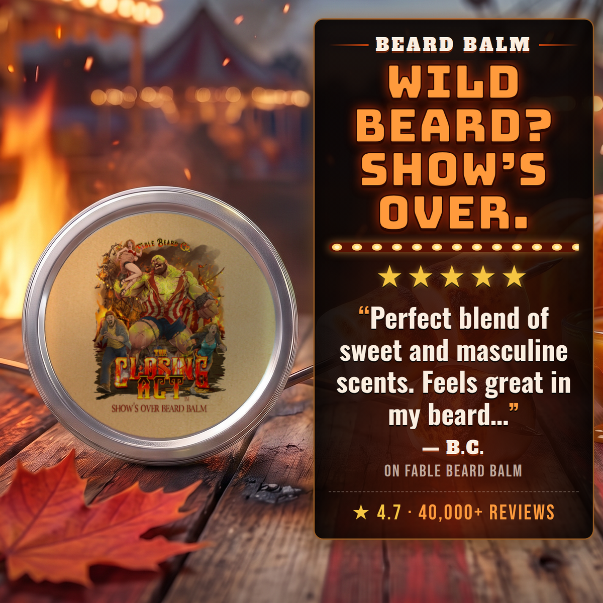 The Closing Act beard balm 5-star customer review card, Fable Beard Co.