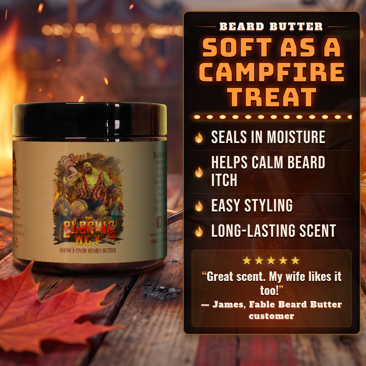 The Closing Act beard butter benefits infographic, Fable Beard Co.