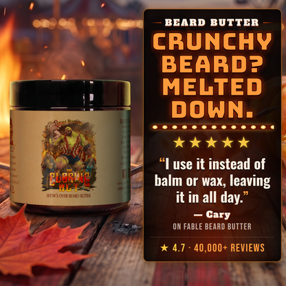 The Closing Act beard butter 5-star customer review card, Fable Beard Co.