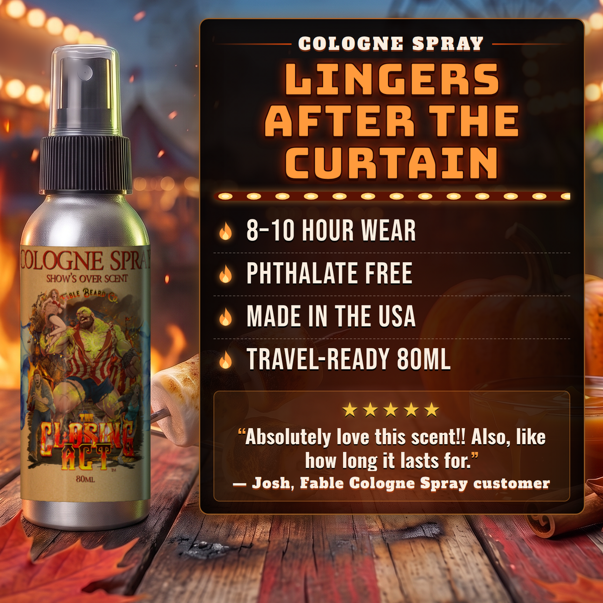 The Closing Act cologne benefits infographic, Fable Beard Co.