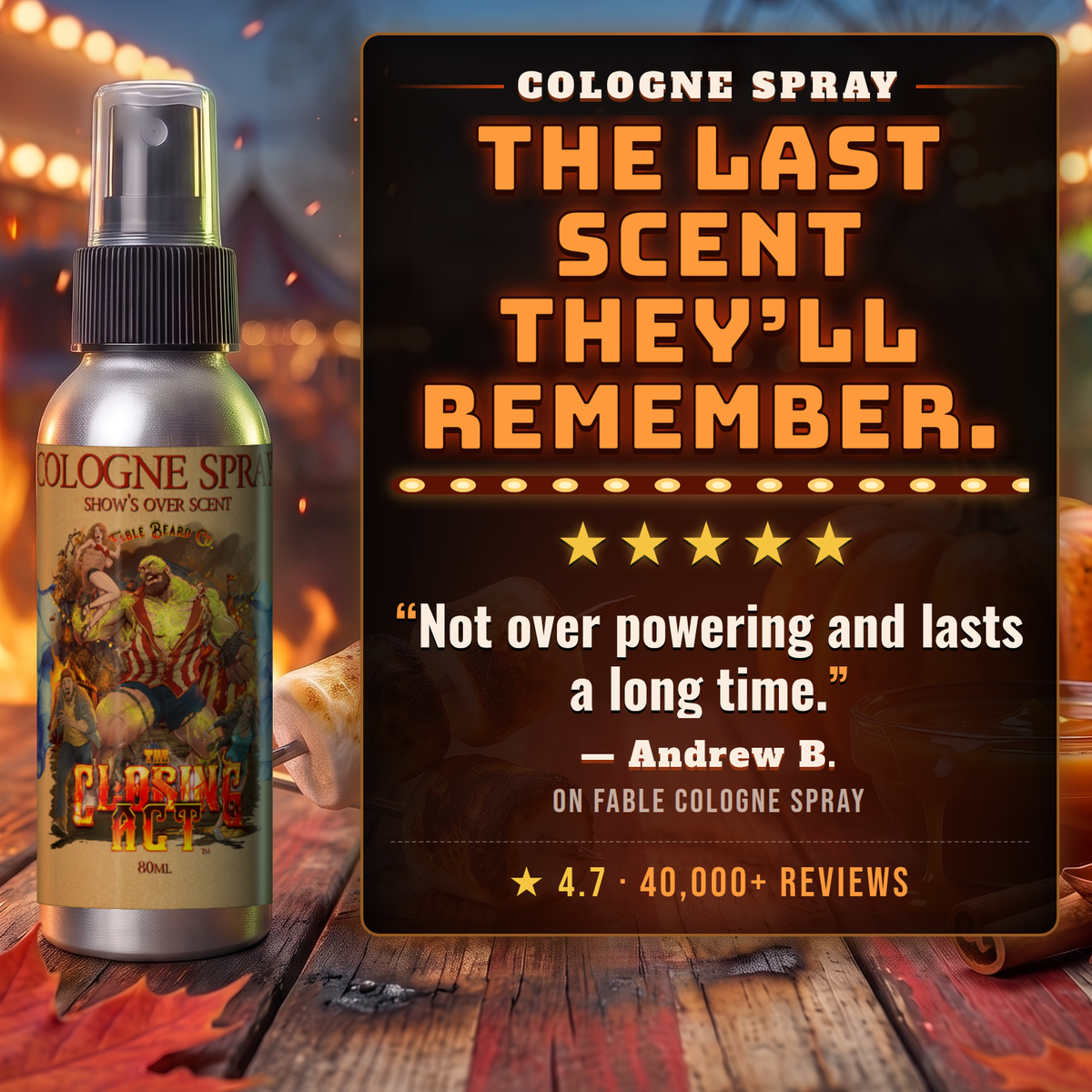 The Closing Act cologne 5-star customer review card, Fable Beard Co.