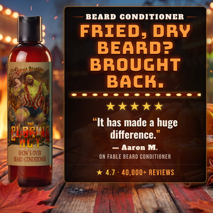 The Closing Act beard conditioner 5-star customer review card, Fable Beard Co.