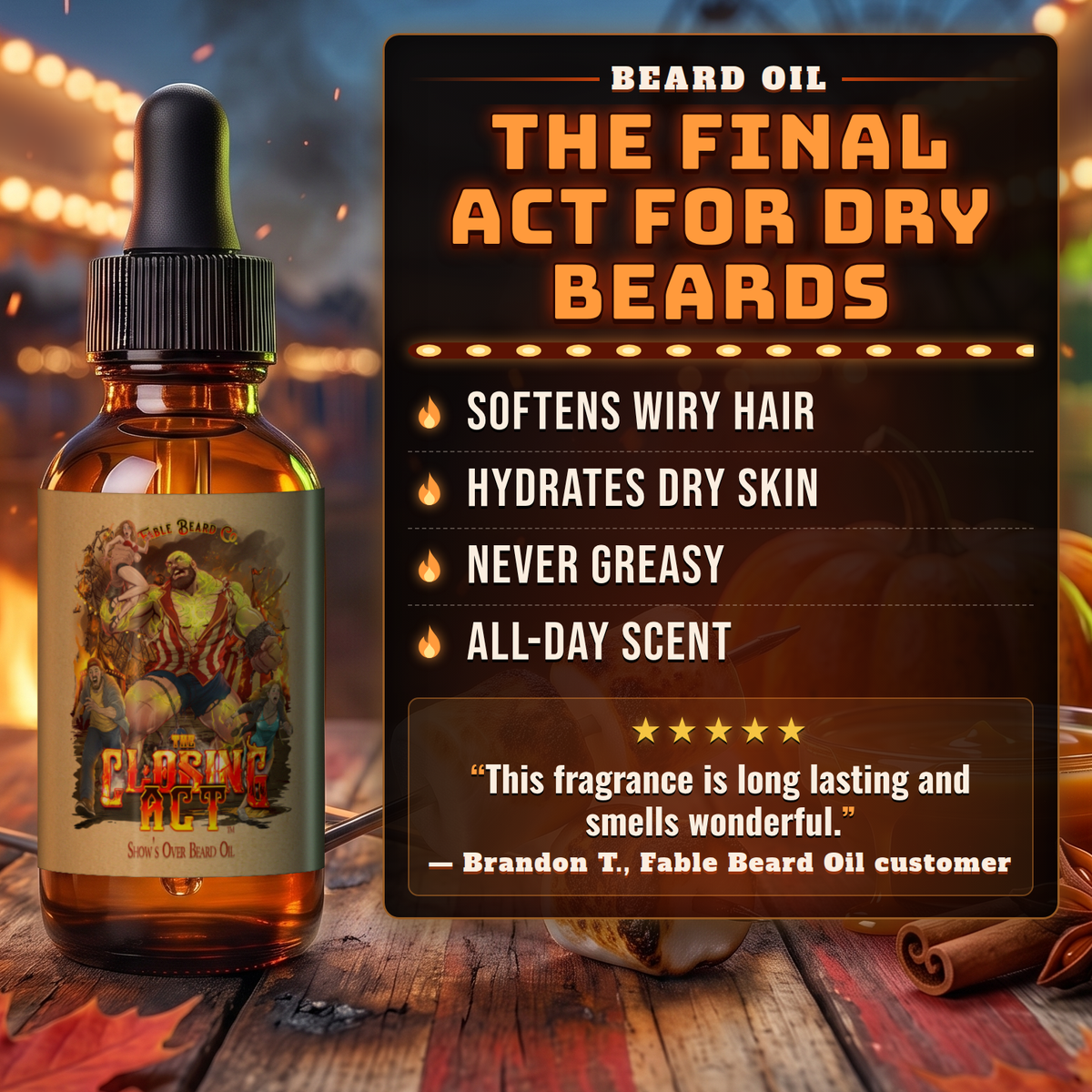 The Closing Act beard oil benefits infographic, Fable Beard Co.