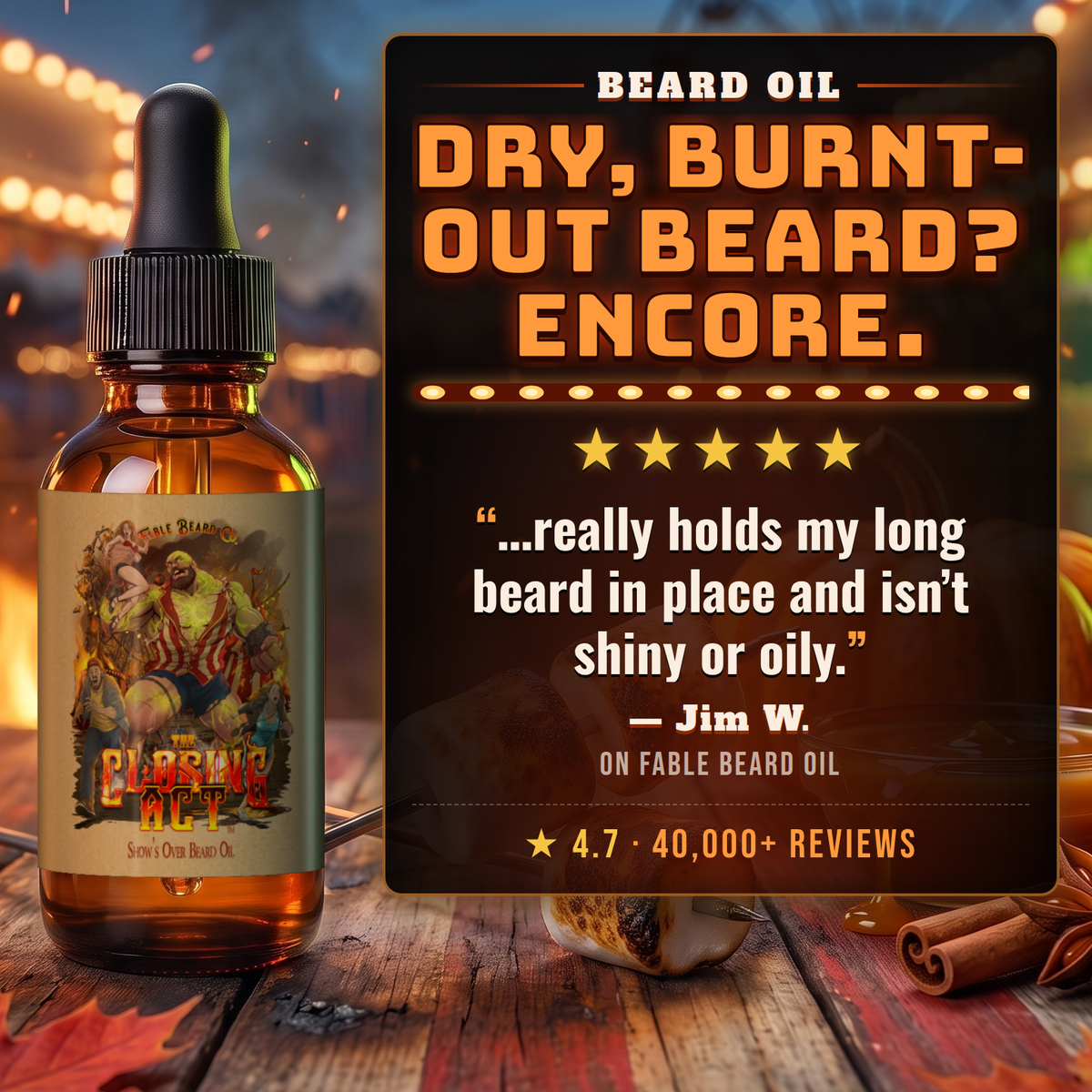 The Closing Act beard oil 5-star customer review card, Fable Beard Co.
