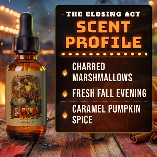 The Closing Act beard oil scent profile card: Charred Marshmallows, Fresh Fall Evening and Caramel Pumpkin Spice