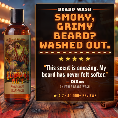 The Closing Act beard wash 5-star customer review card, Fable Beard Co.