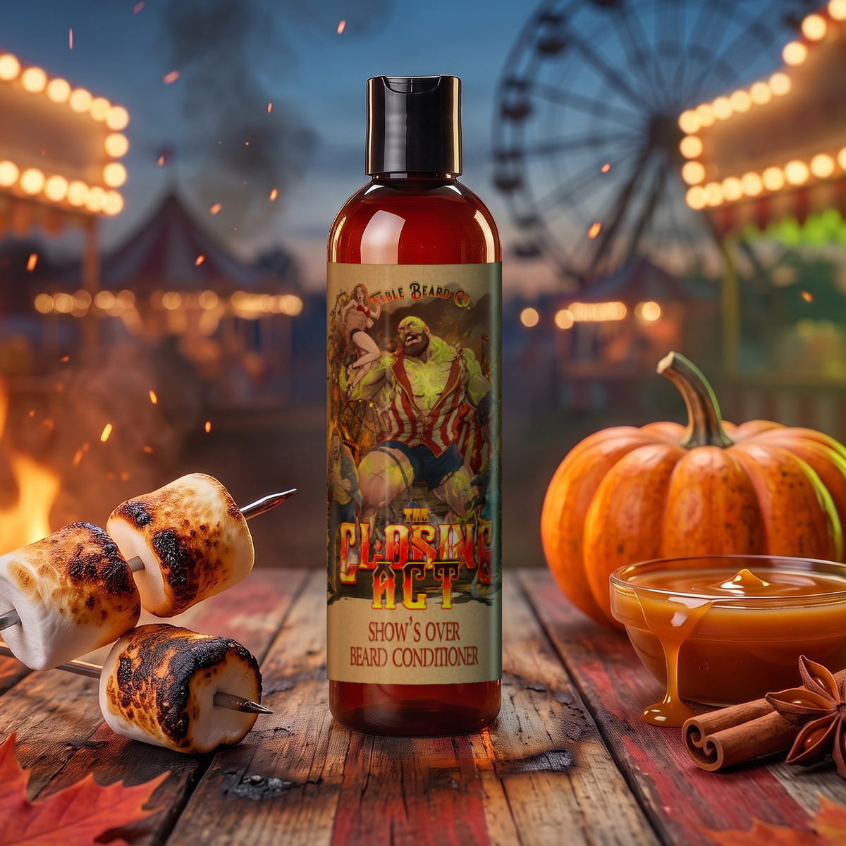 The Closing Act beard conditioner in Charred Marshmallows, Fresh Fall Evening and Caramel Pumpkin Spice scent by Fable Beard Co.
