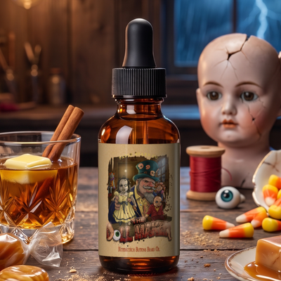 The Dollmaker beard oil in Warm Butterscotch, Buttered Rum, Candy Corn and Creamy Caramel scent by Fable Beard Co.