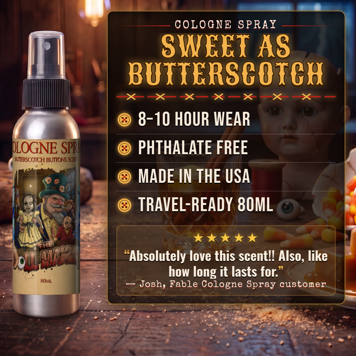 The Dollmaker cologne benefits infographic, Fable Beard Co.