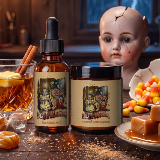 The Dollmaker - Beard Oil & Butter Kit - Warm Butterscotch, Buttered Rum, Candy Corn, & Creamy Caramel