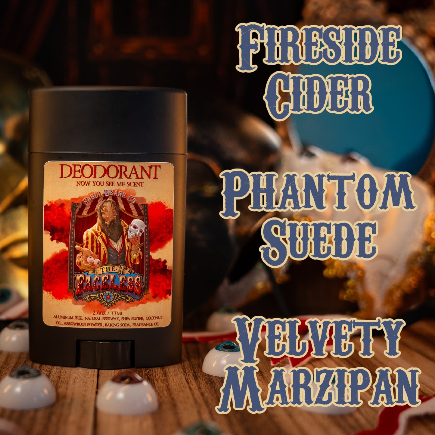 The Faceless - Deodorant - Fireside Cider, Phantom Suede, Velvety Marzipan