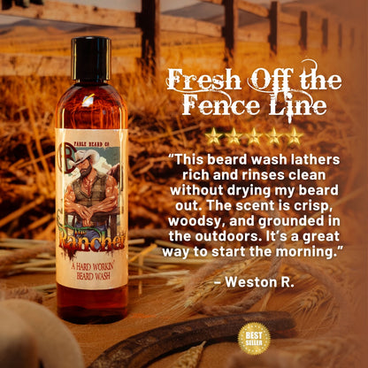 The Rancher - Beard Wash - Fresh Cut Cedar, Green Pastures, Leather Boots